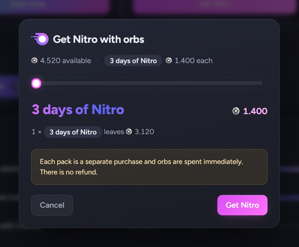 Buying a Nitro pack with orbs inside the app